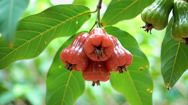 Closeup of ripe red rose apples hanging from a tree branch.