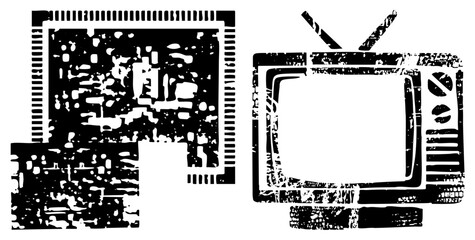 Fototapeta premium Retro TV/monitor graphics in gritty halftone, pixel decay style “old tube telly” or “CRT ghost” for vintage tech, analog glitch vibes. Ideal for edgy branding.