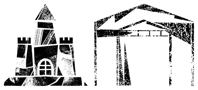 Medieval keep rustic gazebo in gritty halftone, &ldquo;dungeon doodle&rdquo; style. Stark B&W cutout merges turrets and open roof with raw stencil energy ideal for indie branding or posters.