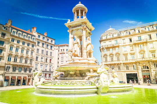 Jacobins square and beautiful fountain in Lyon city, France