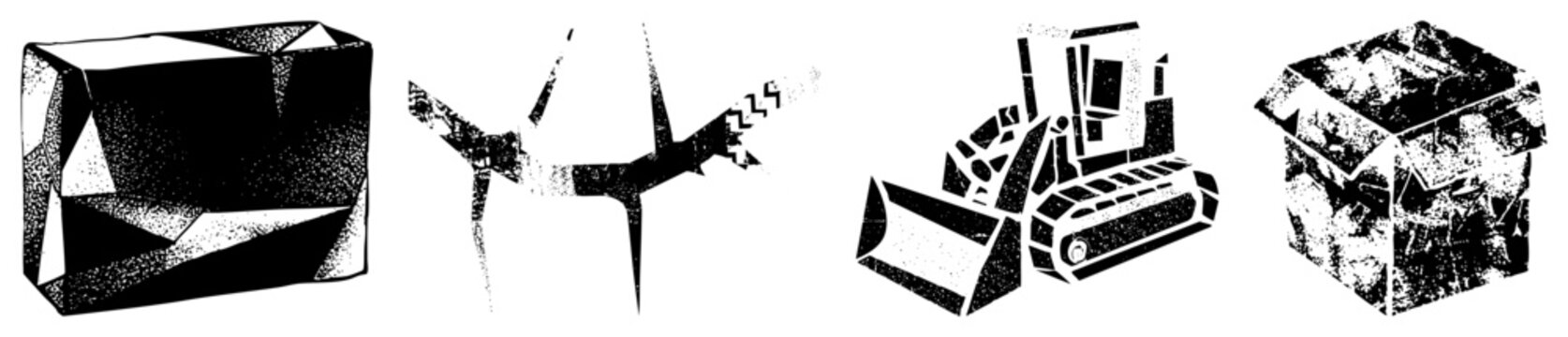 Chunky halftone glyphs depict a diamond, turbine, dozer, crate aka &ldquo;grit &rdquo; or &ldquo;stencil doodles.&rdquo; Rugged cutouts blend vintage texture with industrial grit for bold impact.