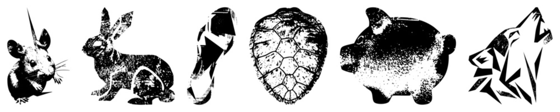 Six gritty halftone critters bunny, piggy bank, wolf head, turtle, flip flop, whiskered mouse. Dubbed &ldquo;doodle &rdquo; or &ldquo;ink splatter zoo,&rdquo; ideal for streetwear, posters, indie branding.