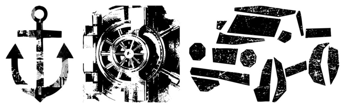 Rugged anchor & sea hook beside broken vault door, gritty halftone texture. Nautical heist blend, raw/distressed ideal for edgy branding or streetwear.