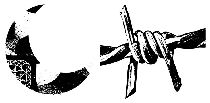 Razor wire coiled beside a broken moon, gritty stencil with halftone. Known as bobby or concertina wire danger meets celestial decay. Ideal for tattoos, posters, punk branding.