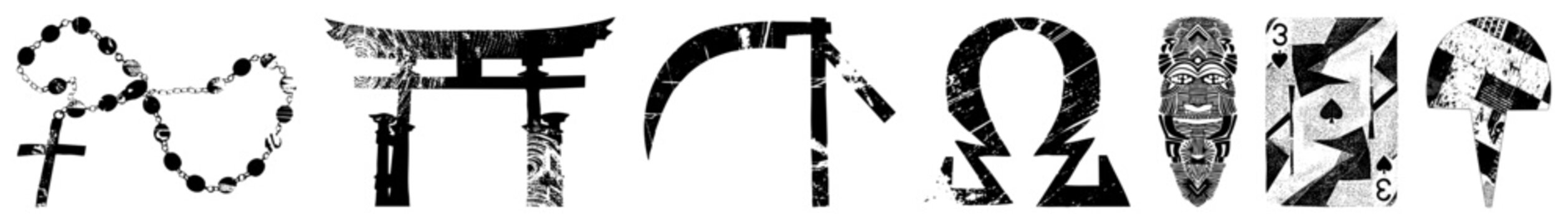 Gritty glyphs rosary, torii gate, omega, tribal mask, playing card blend sacred and street culture as spirit beads, god gate, end mark, witch face, ace slice.