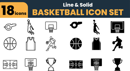 Basketball Icon Set, Sports Symbols in Line and Solid Styles, Vector Equipment and Player Silhouettes © My Creative Stock