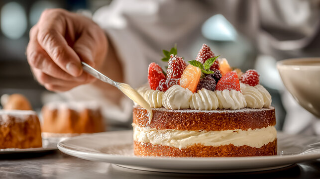 chef decorating cake with cream bakery
