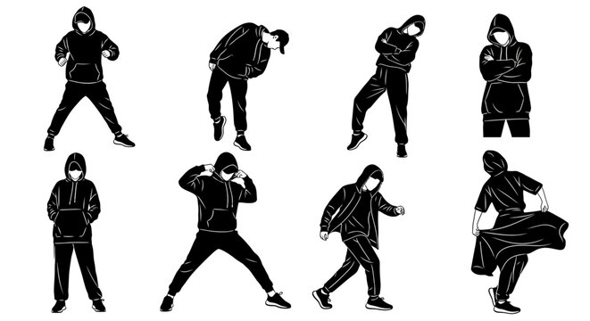 Set of human silhouettes in hoodies performing various street dance poses