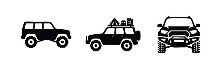 Vector set of three off-road vehicle silhouettes: a lifted 4x4 SUV, an overlanding rig with camping gear, and a rugged front-facing truck. © Lili