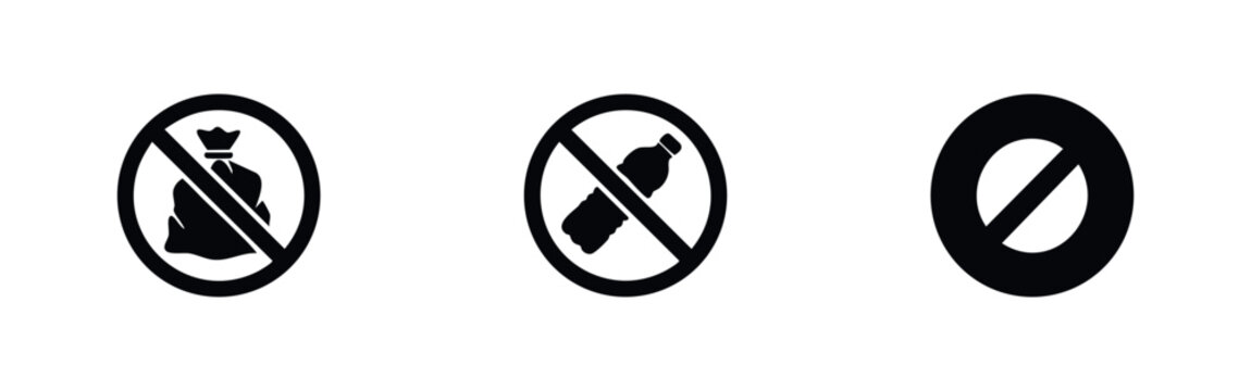 Set of black prohibition icons for no littering, no plastic bottles, and general restriction signs on a white background. Vector illustration.