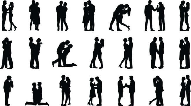 Vector illustration of black silhouettes of couples in affectionate poses including hugging, kissing, and holding hands