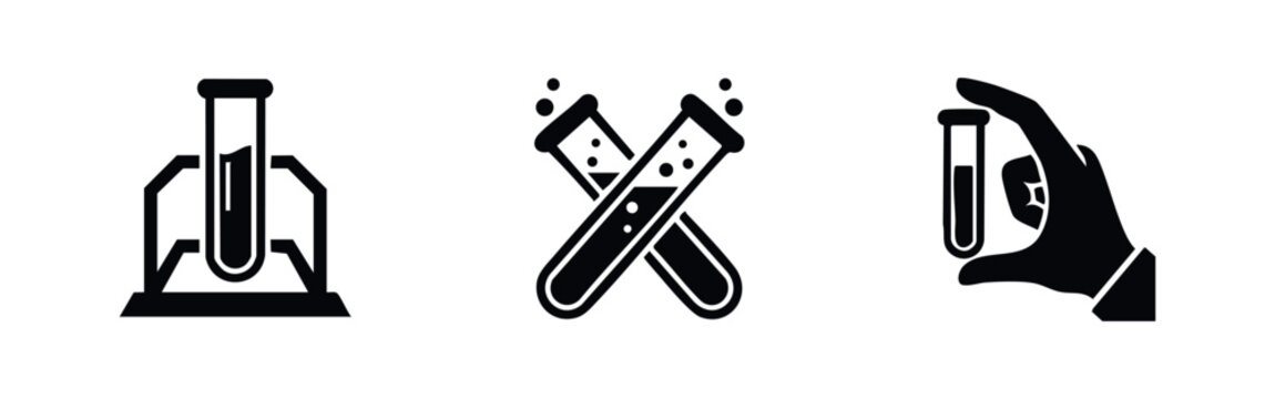 Professional set of laboratory test tube icons including a rack, crossed tubes with bubbles, and a hand holding a vial for scientific research.