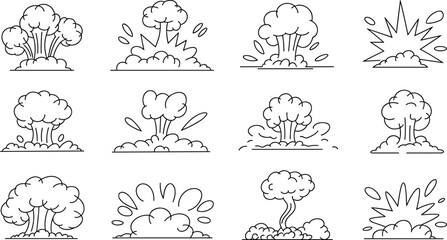 Vector illustration of stylized cartoon explosion and blast effects with cloud bursts and spiky bursts in multiple variations © Mossadessur Rahman
