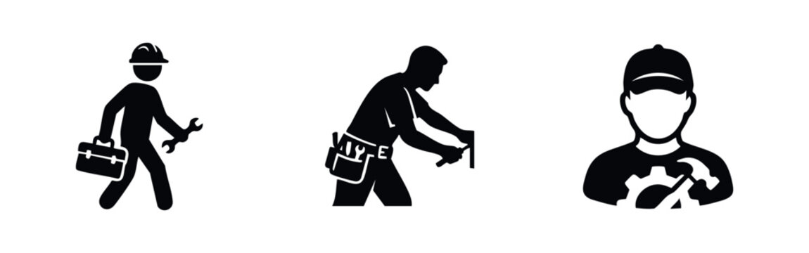 A set of black silhouettes representing construction workers and handymen with various tools like wrenches, hammers, and toolboxes.