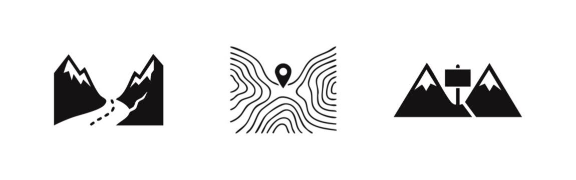 Set of black hiking and mountain icons including a trail, topographic map with location pin, and mountain peaks with a signpost for outdoor adventure.