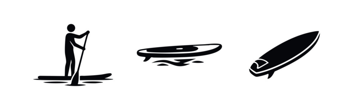 Set of minimalist black and white icons for stand-up paddleboarding (SUP) and surfing, featuring a paddler, board on water, and surfboard.