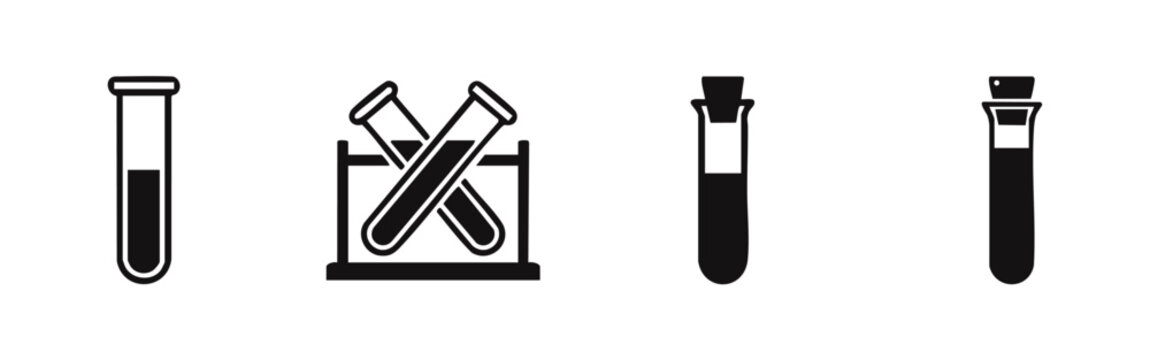 Set of black and white test tube icons representing laboratory science, chemistry research, and medical testing in a clean, flat design style.