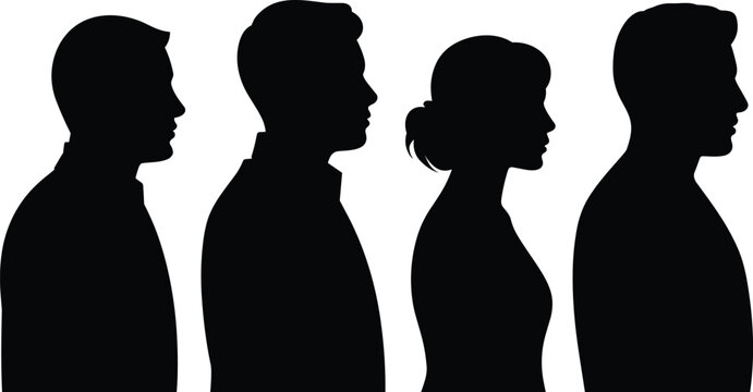 Black silhouette vector illustration of diverse human profiles facing left, men and women in minimal artistic design