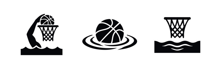 Minimalist black and white icons for water basketball featuring a slam dunk, a ball floating in ripples, and a hoop above pool water. © Lili