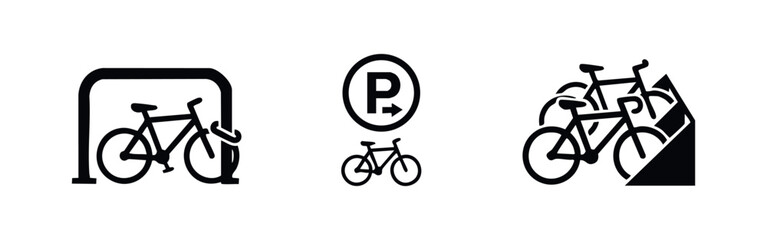 Set of three minimalist black bicycle parking and storage icons, featuring a bike rack, parking sign, and stand on a white background. © Lili