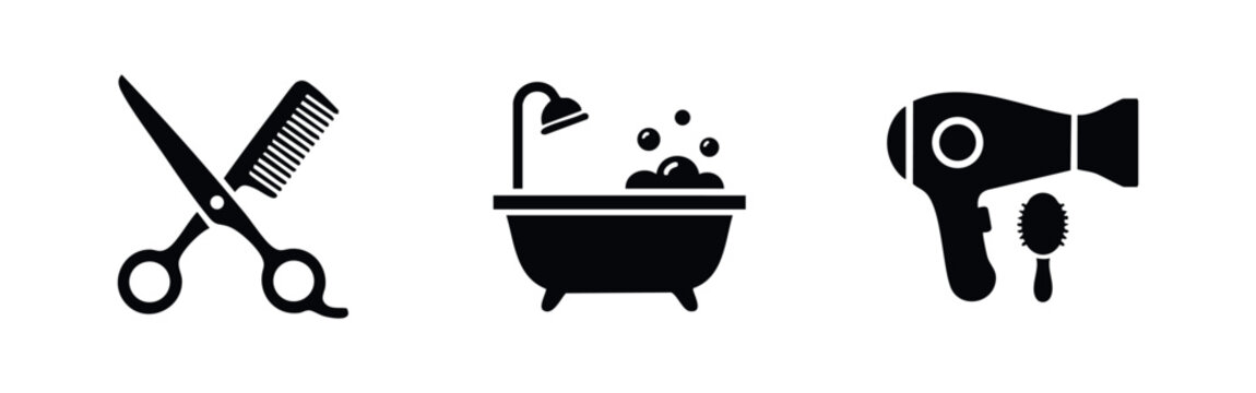 Set of black icons for pet grooming or a hair salon, featuring scissors, a comb, a bathtub with bubbles, a hair dryer, and a brush on white.