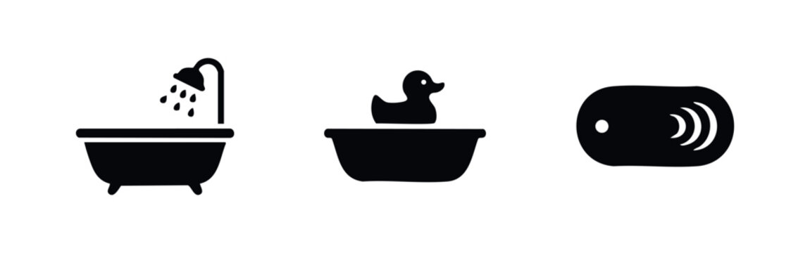 Minimalist black icon set for hygiene and bathing featuring a shower bathtub, a tub with a rubber duck, and a bar of soap on a white background.