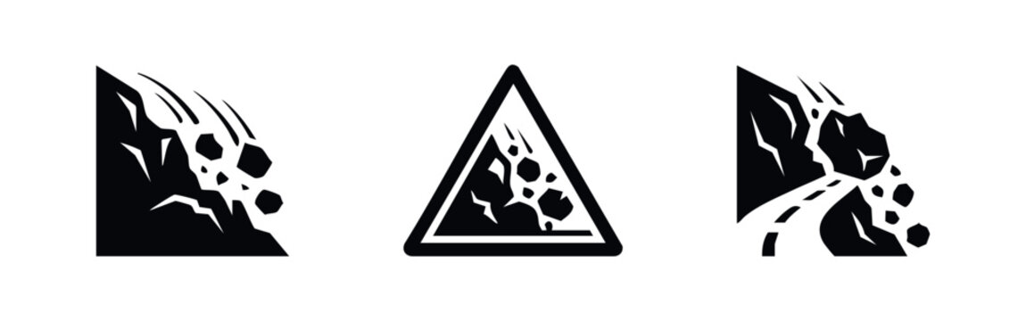 Set of three minimalist black and white icons depicting landslide and rockfall hazards on mountains and roads, including a triangular warning sign.