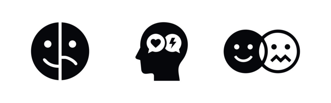 Minimalist black and white icons depicting bipolar disorder, mood swings, and complex mental health states through symbolic faces and profiles.