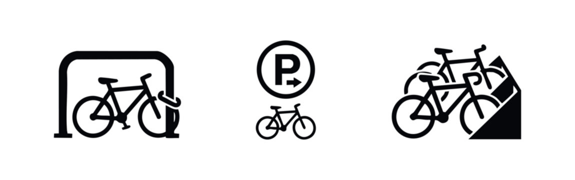 Set of three minimalist black bicycle parking and storage icons, featuring a bike rack, parking sign, and stand on a white background.