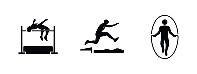 Set of minimalist black sport silhouettes including high jump, long jump, and skipping rope icons on a clean white background. © Lili