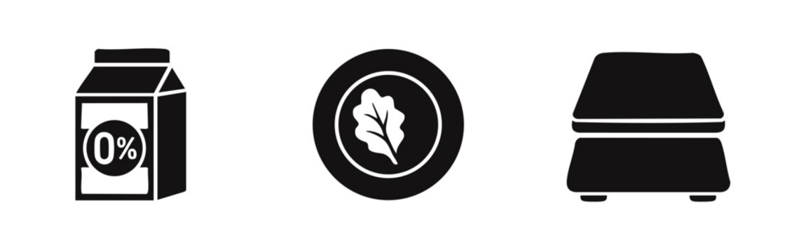 Black silhouette icons representing a healthy diet, including a fat-free milk carton, a plate with a leaf, and a kitchen scale for portion control.