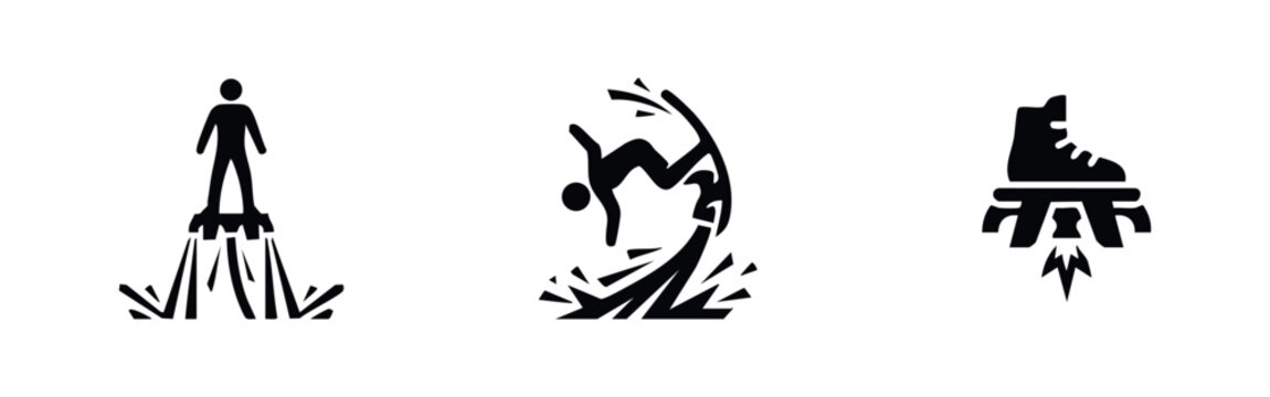 Set of minimalist black icons representing flyboarding, featuring people performing stunts on hydroflight devices with water jet propulsion.