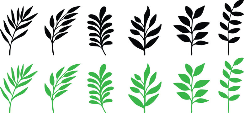Botanical Leaves Vector Set &ndash; Minimal Black and Green Foliage Branch Icons Collection