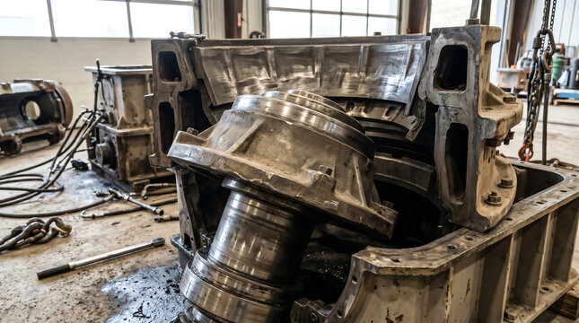 Cone crusher mantle and bowl liner exposed during a maintenance teardown