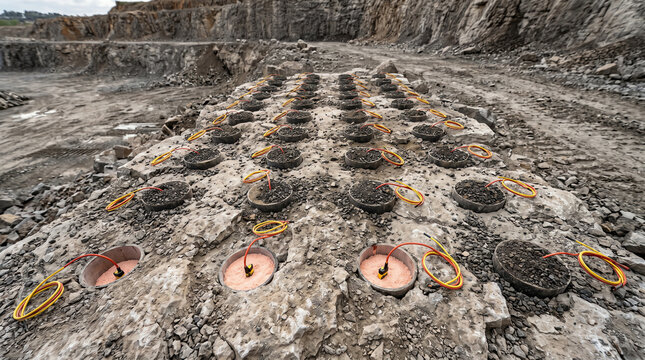 Drilled blast pattern with primed boreholes loaded with ANFO awaiting tie-in