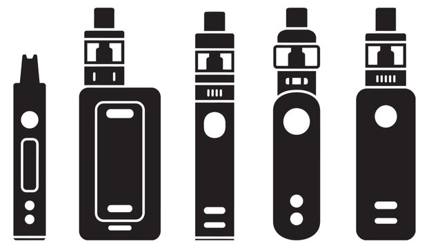 Electronic cigarette icon set, black glyph icons featuring vape devices pod systems vaporizers smoke symbols modern vector illustration design collection