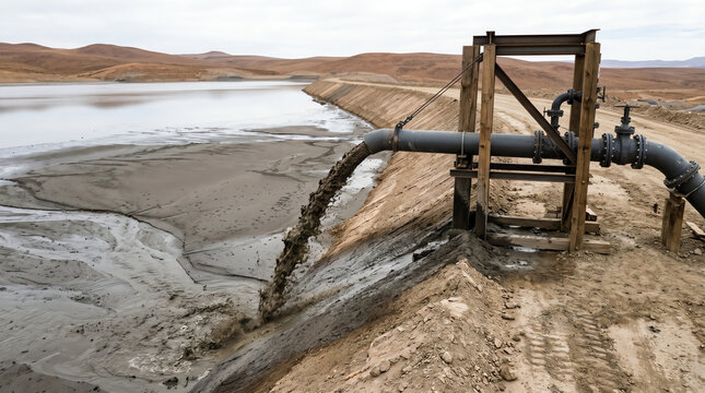 Tailings spigot discharging slurry across a beach at a tailings storage facility
