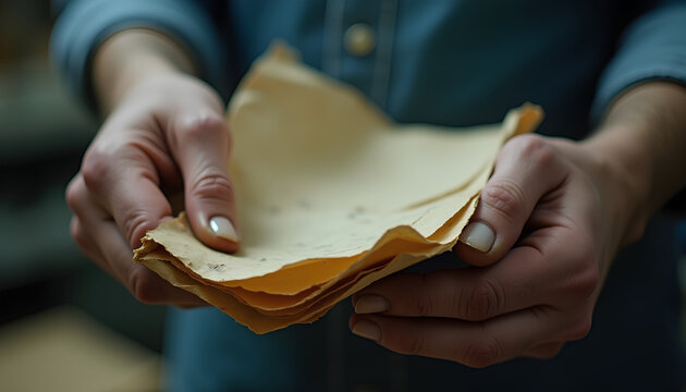 A close-up of hard-working hands covered in grease clutching a crumpled coffee-stained refolded paper with clean short nails and rough calluses and little scars