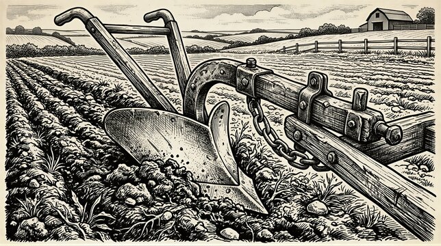 Plow on a plowed field with a farmhouse in background. Retro engraving style illustration of agricultural machinery for farming. Traditional manual tillage tool in landscape context.