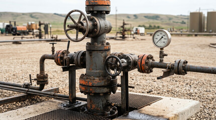 Fototapeta premium Surface wellhead Christmas tree with master valve and choke at an oil and gas pad