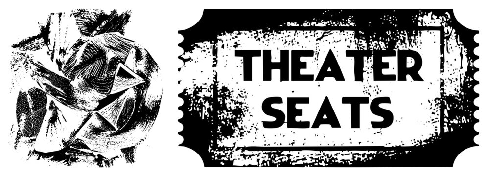 Vintage &ldquo;THEATER SEATS&rdquo; pass crumpled paper ball, halftone with distressed edges for retro promo. Often called show stub, movie chit, torn receipt, or folded note.