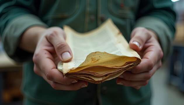 Worn hands covered in grease gripping a coffee-stained refolded document with short tidy nails and callused skin and tiny scars you can see