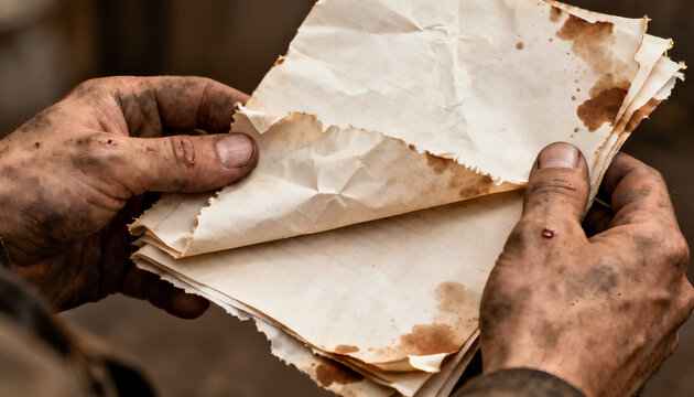 A pair of dirty greasy hands holding tight to a crumpled paper stained with coffee and refolded over and over showing short clean nails and rough calluses and little scars