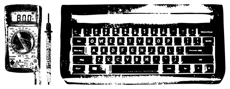 Rugged halftone keyboard vintage multimeter geek tools for tinkerers. Stencil style DIY punk vibe, ideal for edgy digital projects.