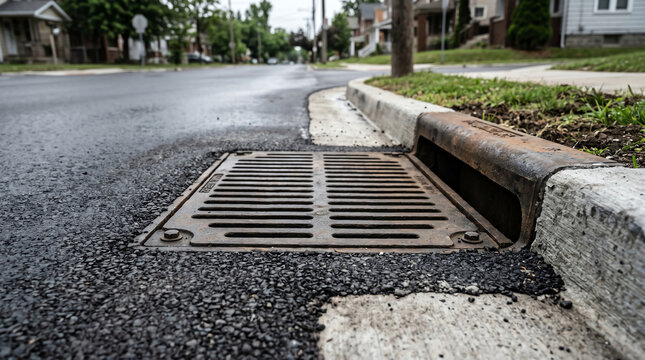 Cast iron catch basin grate and frame set on a fresh asphalt curb gutter