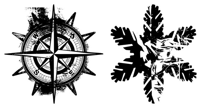 Gritty windrose meets jagged snowflake in high contrast black ink &ldquo;wind wheel&rdquo; or &ldquo;frost star.&rdquo; Raw texture, halftone distress, vintage edge. Ideal for tattoo flash or rugged branding. No ne