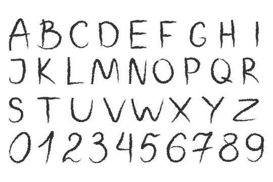 Hand drawn alphabet and numbers with textured charcoal or crayon effect. Minimalist black sketchy letters isolated on white background for creative lettering design