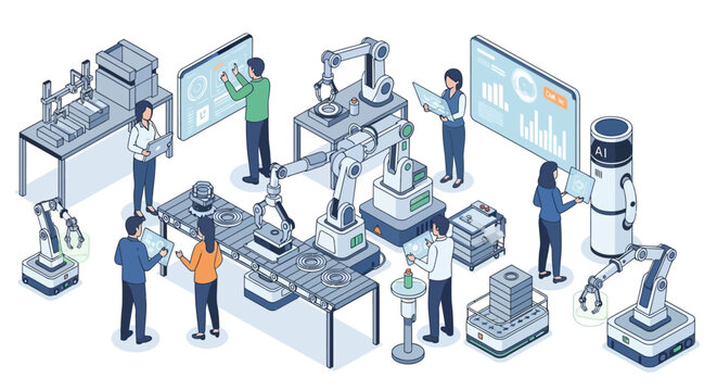 A team of engineers and technicians collaborating on a futuristic automated manufacturing assembly line, utilizing robotic arms and advanced digital interfaces for precision control and data analysis.