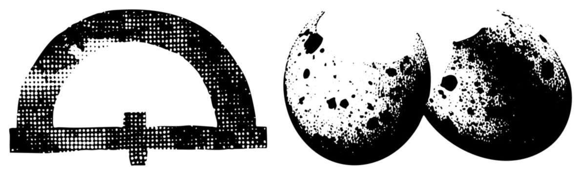 Gritty halftone lunar cycle, to gibbous, crater pocked dubbed &ldquo;moon rocks&rdquo; or &ldquo;lunar graffiti&rdquo; by street artists. Bold b&w contrast evokes vintage screenprint, ideal for cosmic designs.