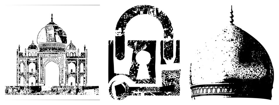 Indian mausoleum rendered in gritty halftone, featuring the beloved &ldquo;Taj&rdquo; and &ldquo;Mumtaz&rsquo;s Tomb&rdquo; in distressed vector form perfect for bold branding or poster art with a vintage edge.